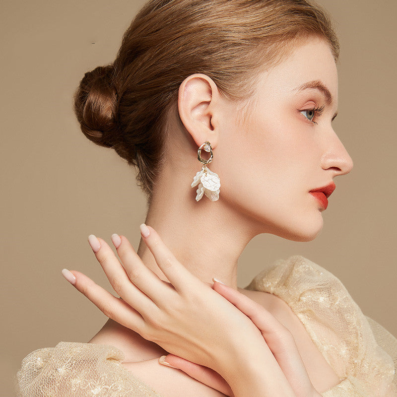 Women's Foreign Style White Petal Earrings Suitable For Silver Pins-Jewearrings