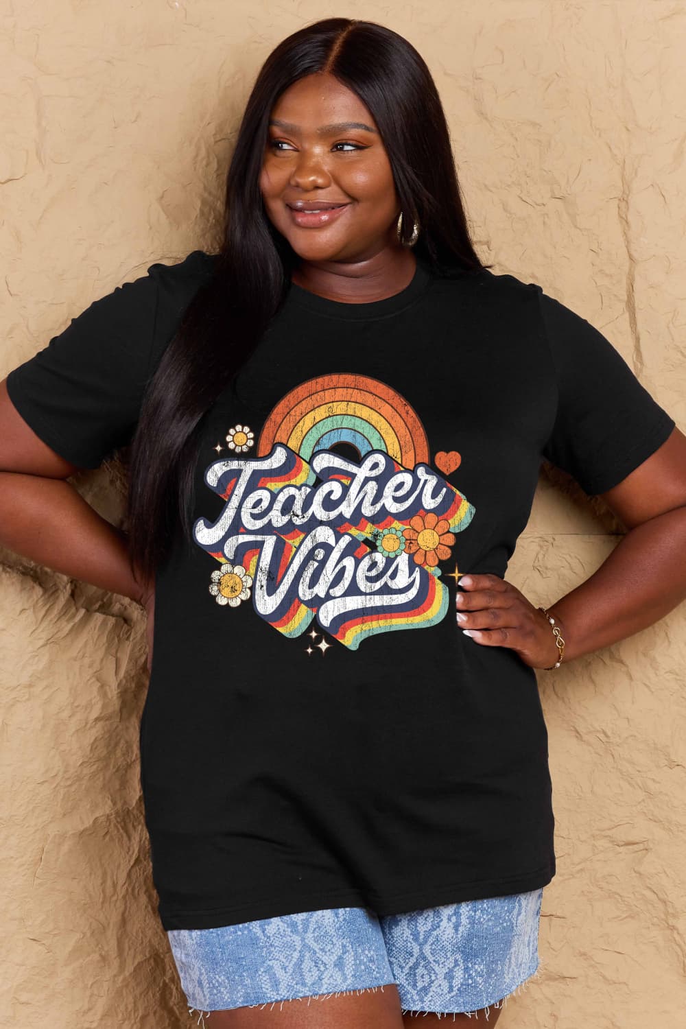 Simply Love Full Size TEACHER VIBES Graphic Cotton T-Shirt-Jewearrings