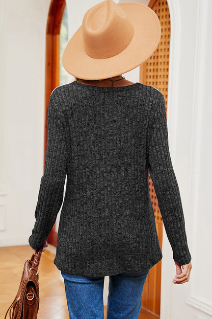 Eyelet Ribbed Round Neck Long Sleeve T-Shirt-Jewearrings