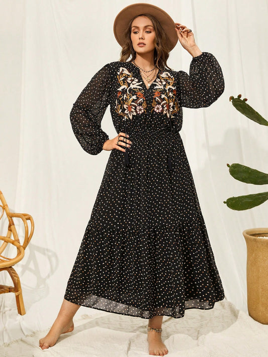 Plus Size Embroidered Tassel Balloon Sleeve Dress-Jewearrings