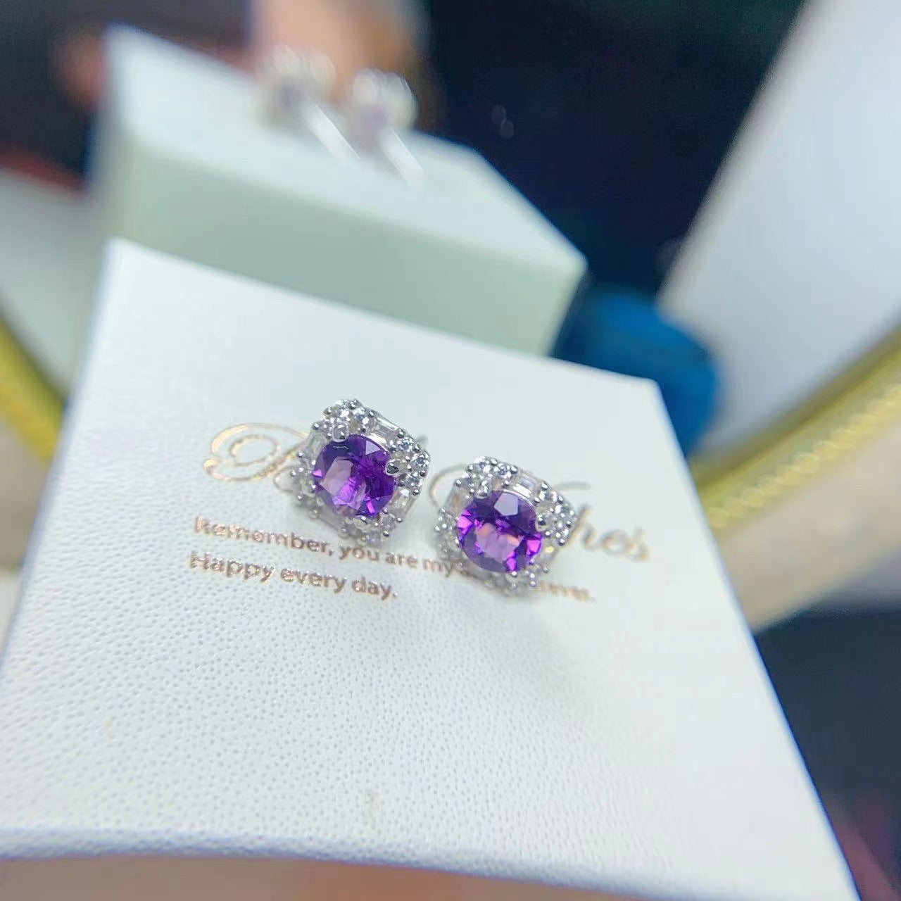 Simple 925 Silver Inlaid Amethyst Stud Earrings-Jewearrings