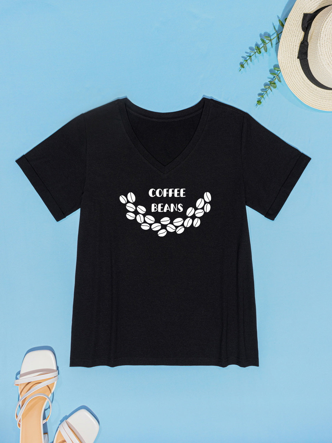 COFFEE BEANS V-Neck Short Sleeve T-Shirt-Jewearrings