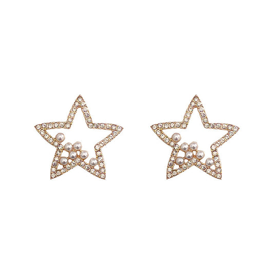 Silver Japanese And Korean Pearl Five-pointed Star Earrings Simple Temperament-Jewearrings