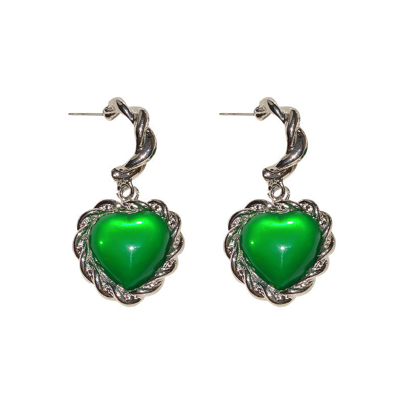 Silver Needle Emerald Heart Earrings Women's Personality-Jewearrings