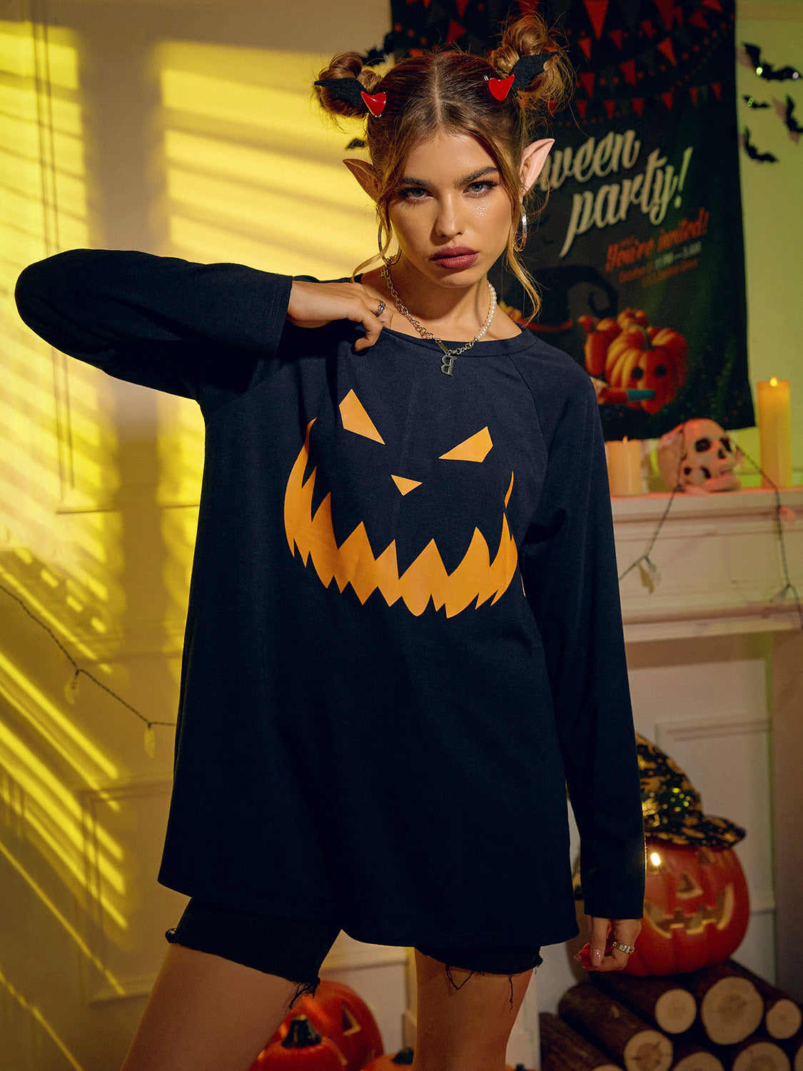 Round Neck Jack-o'-lantern Graphic T-Shirt-Jewearrings