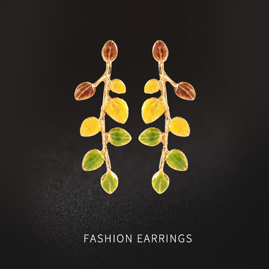 Plant Leaves Enamel Drip Glazed 18K Gilded Stud Earrings-Jewearrings