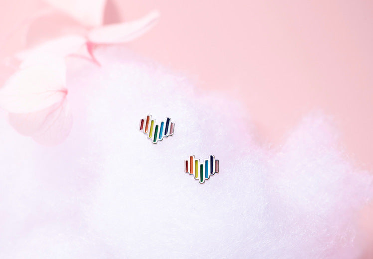 Silver Color Rainbow Love Heart Earrings Female Small Color Simple Heart-shaped Earrings-Jewearrings