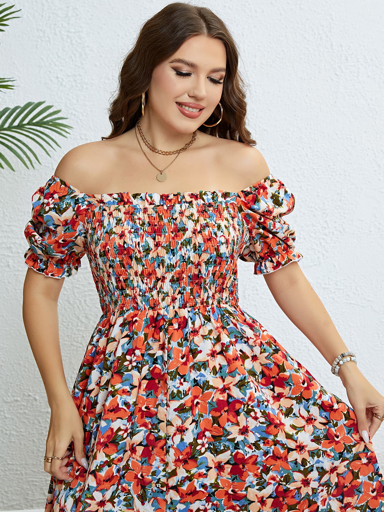 Plus Size Floral Smocked Square Neck Dress-Jewearrings