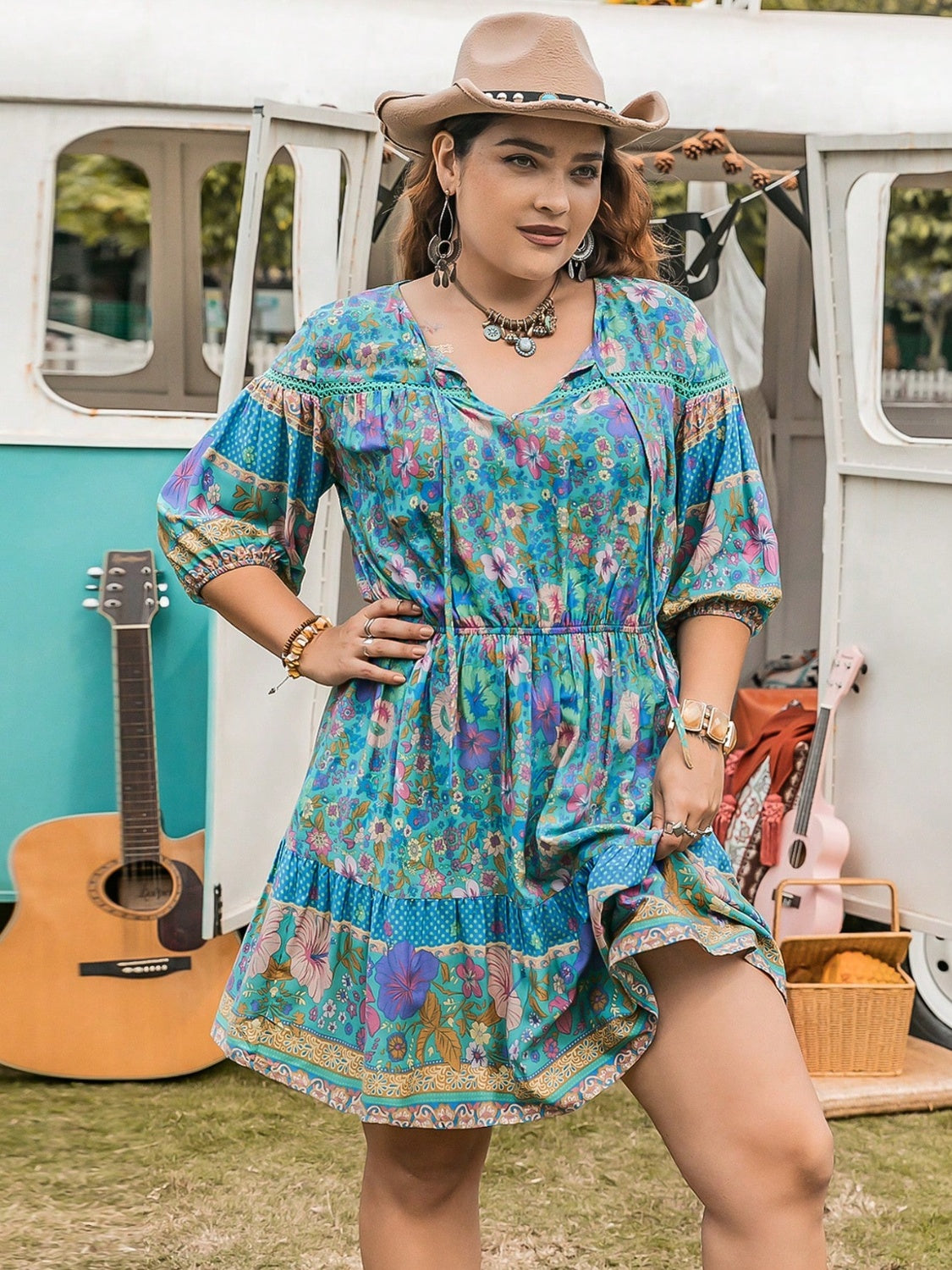 Plus Size Printed Tie Neck Mini Dress-Jewearrings