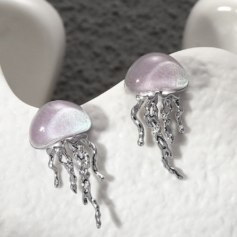 Romantic Minimalist Design Fluorescent Color Jellyfish Silver Stud Earrings-Jewearrings