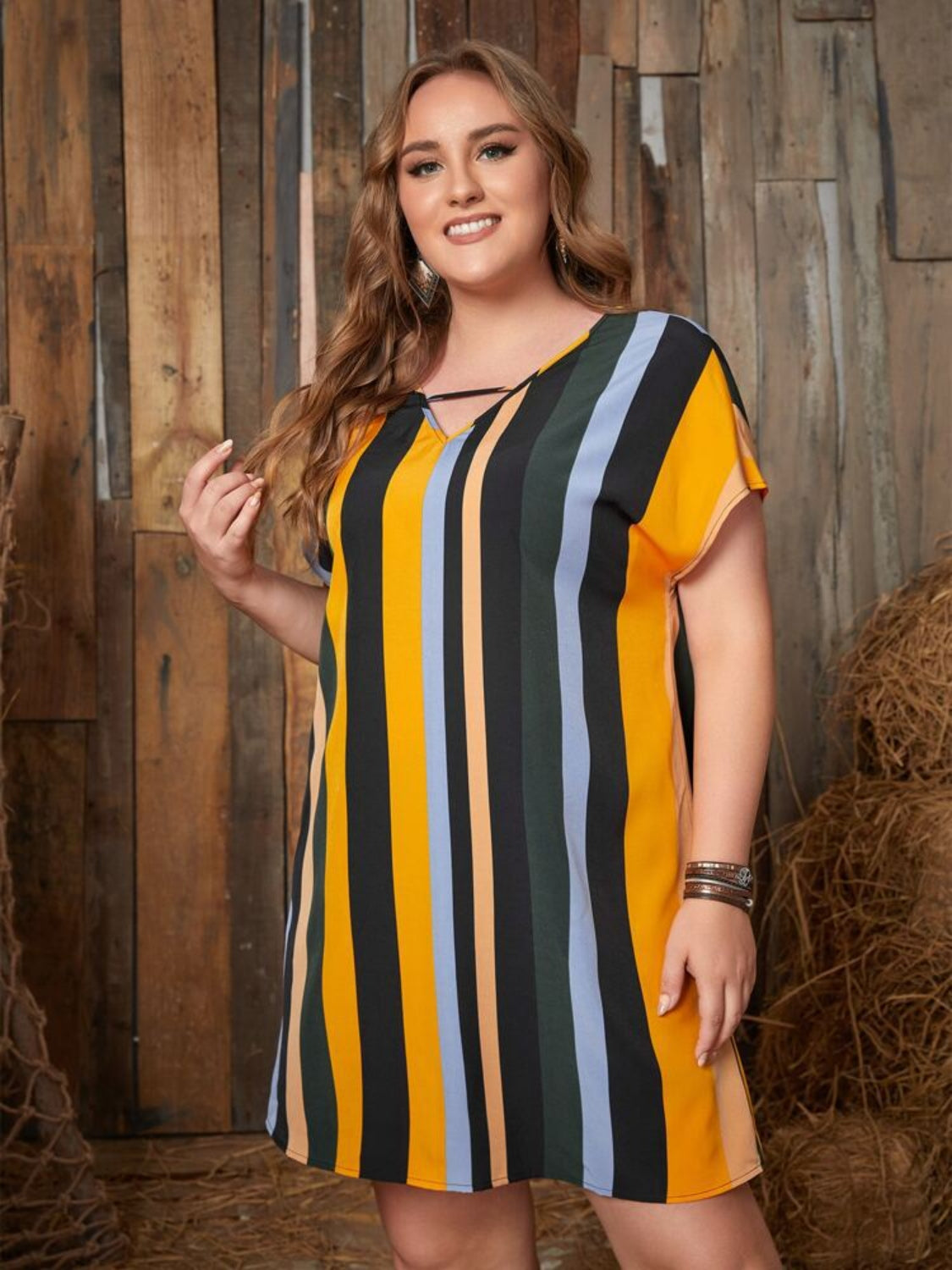 Plus Size Striped Short Sleeve Mini Dress-Jewearrings