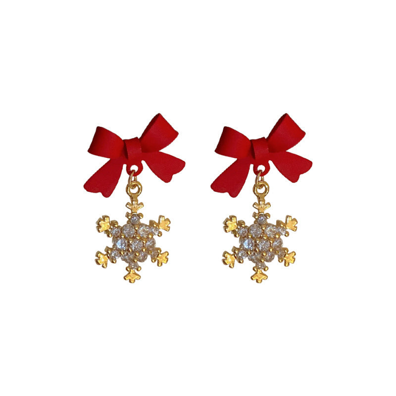 Silver Needle Zircon Snowflake Bow Earrings-Jewearrings