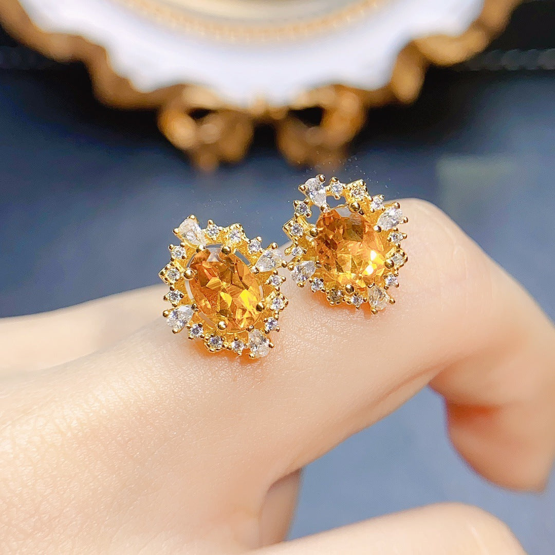 Natural Citrine Stud Earrings S925 Silver Inlaid Main Stone 57-Jewearrings