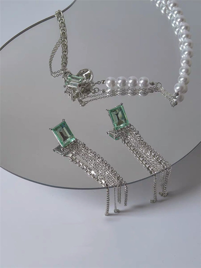 Design Tassel Mint Green Square Rhinestone Silver Pin Earrings-Jewearrings