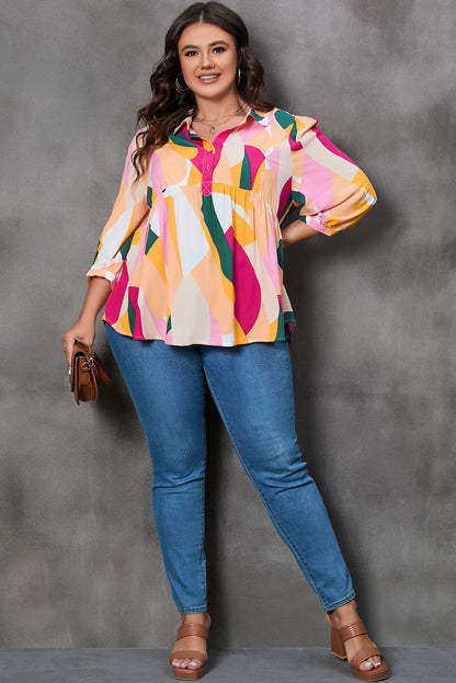 Plus Size Printed Collared Neck Half Button Top-Jewearrings