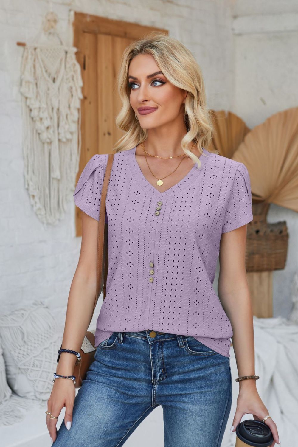 Decorative Button Eyelet V-Neck Short Sleeve T-Shirt-Jewearrings