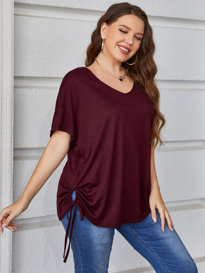 Plus Size Drawstring V-Neck Short Sleeve Blouse-Jewearrings