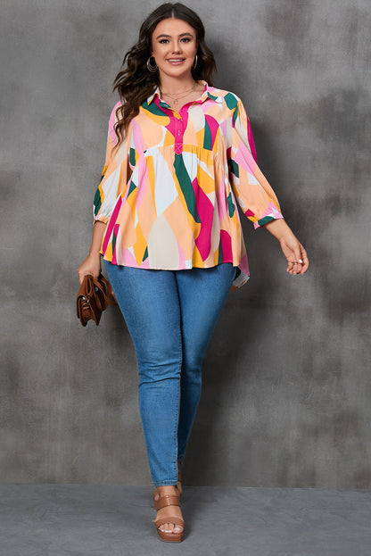 Plus Size Printed Collared Neck Half Button Top-Jewearrings