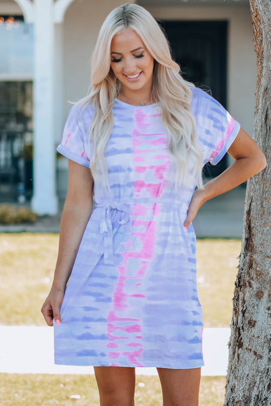 Women Tie-Dye Belted T-Shirt Dress-Jewearrings