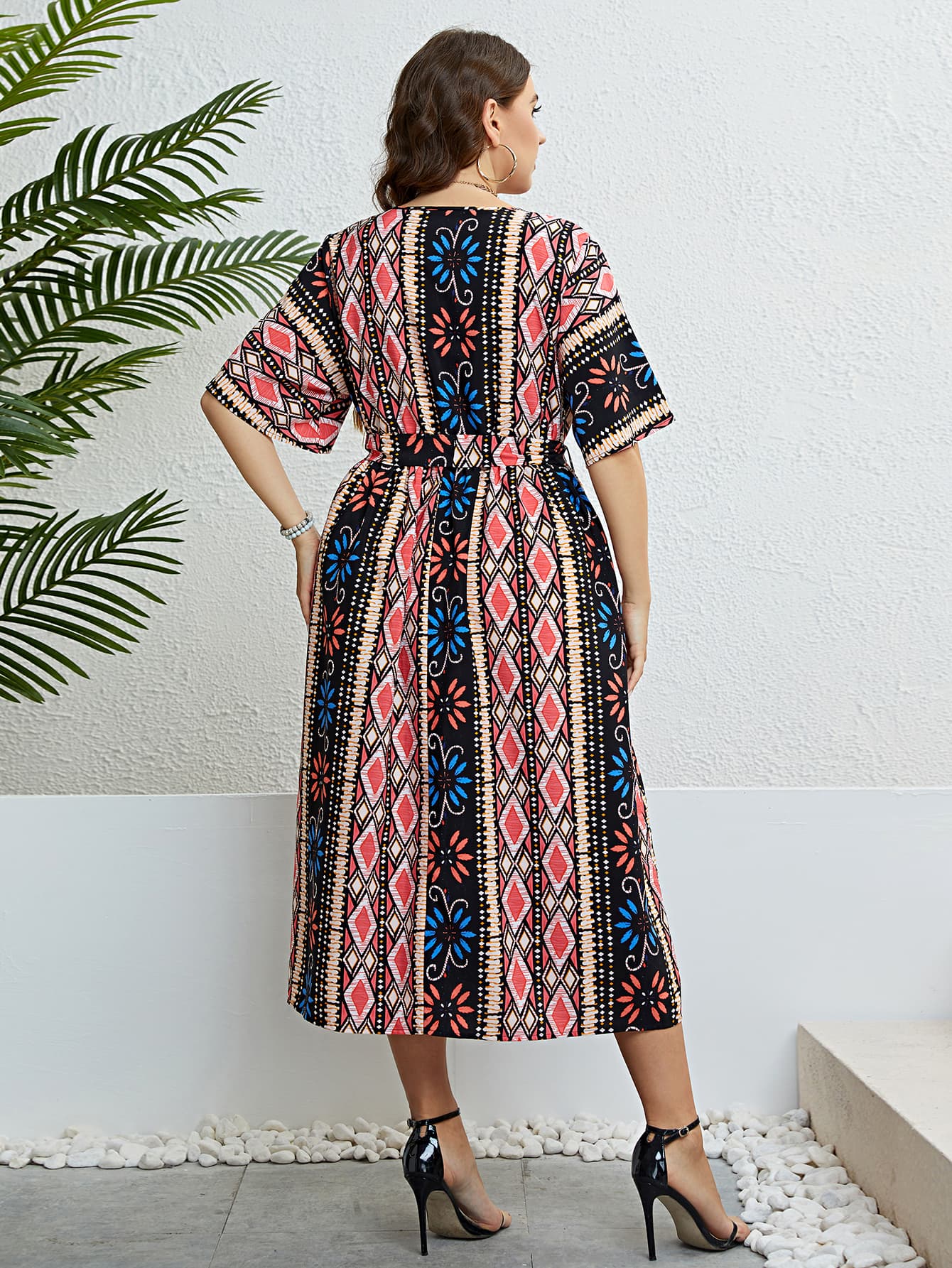 Plus Size Bohemian V-Neck Tie Belt Midi Dress-Jewearrings