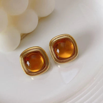 Vintage Amber Glass Crystal Geometric Square Stud Earrings-Jewearrings