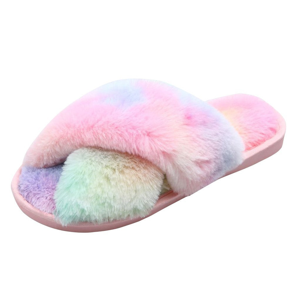 Faux Fur Crisscross Strap Slippers-Jewearrings