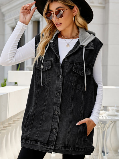 Drawstring Pocketed Button Up Sleeveless Denim Jacket-Jewearrings