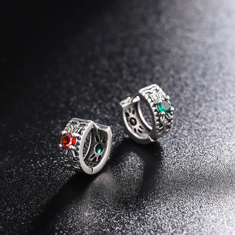 925 Sterling Silver Floral Pattern Red Green Zircon Front And Back Wear Vintage Earrings-Jewearrings