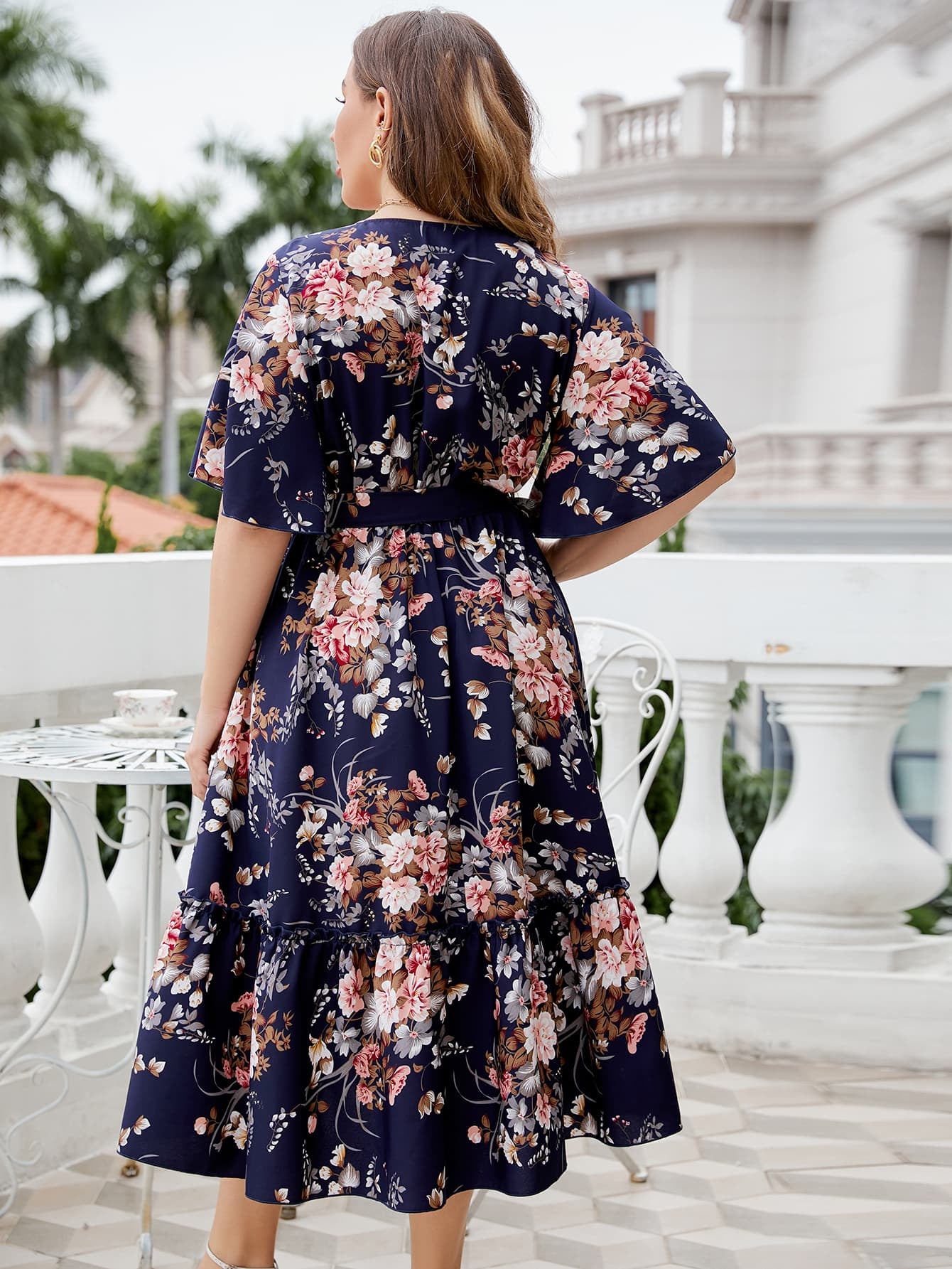 Plus Size Floral Surplice Neck Midi Dress-Jewearrings