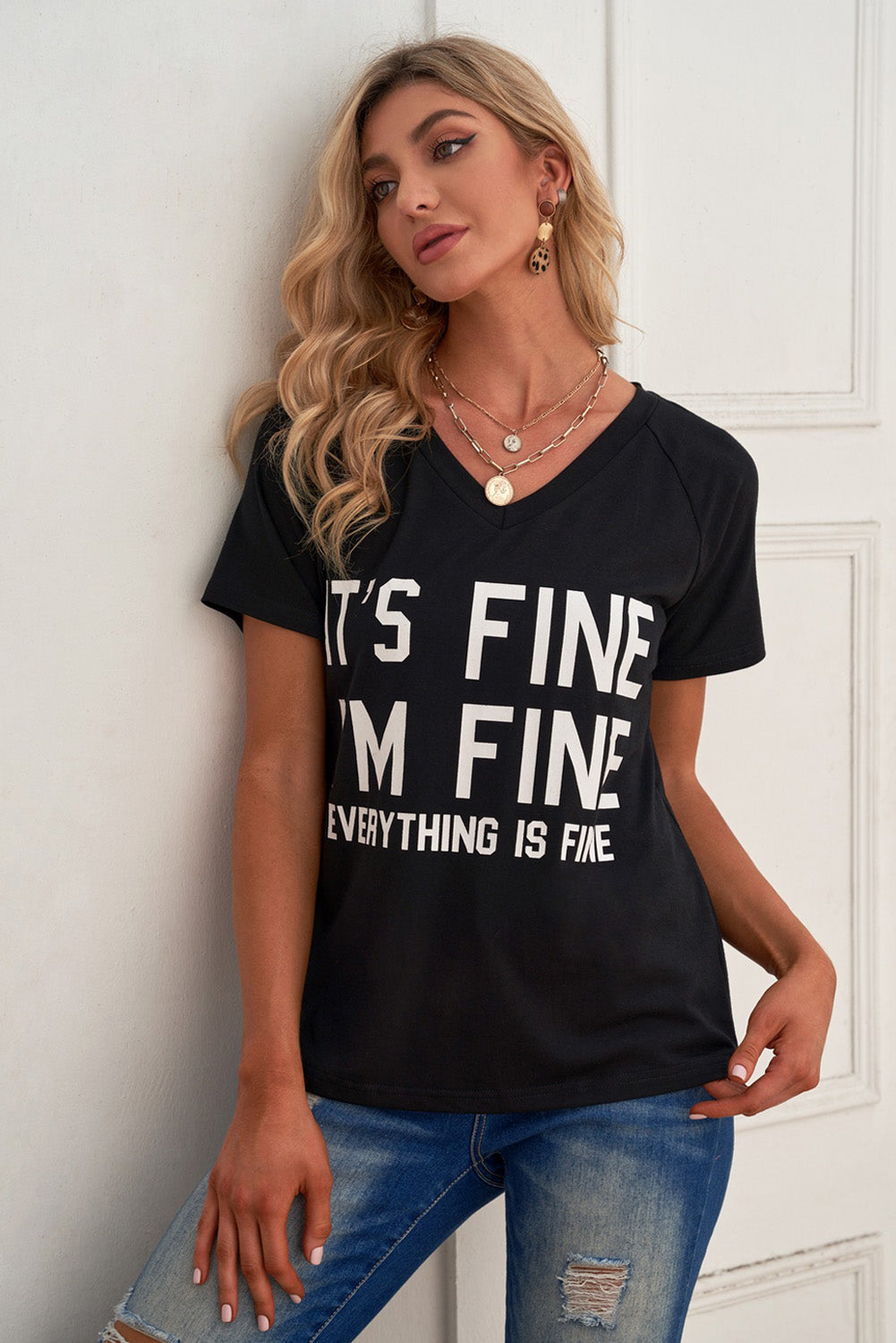 Slogan Graphic V-Neck Short Raglan Sleeve Tee-Jewearrings