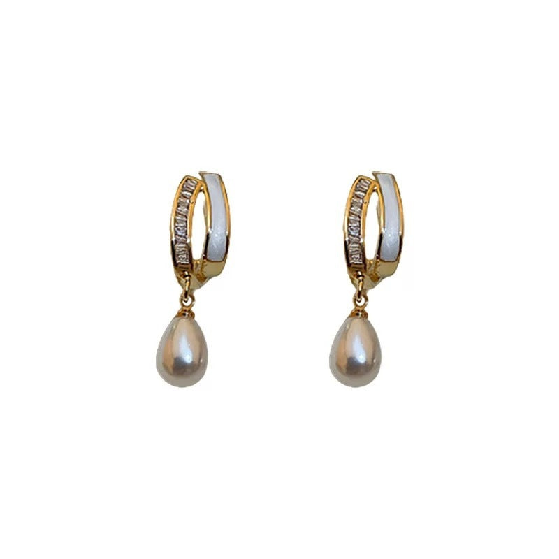 Silver Needle Pearl Pendant Earrings-Jewearrings