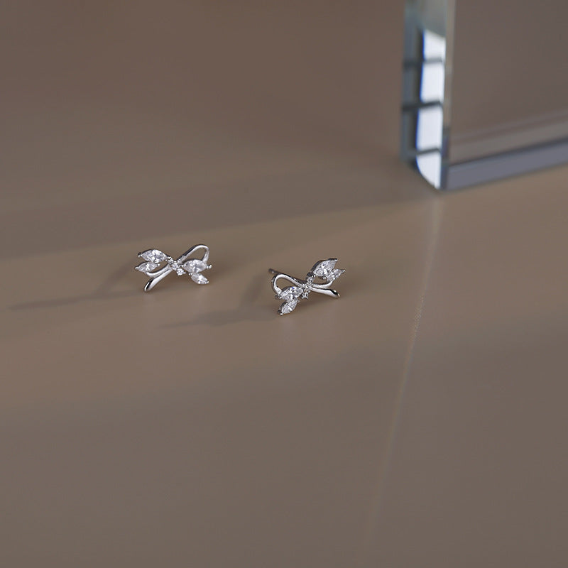 Silver Delicate Zircon Cutout Bow Stud Earrings-Jewearrings