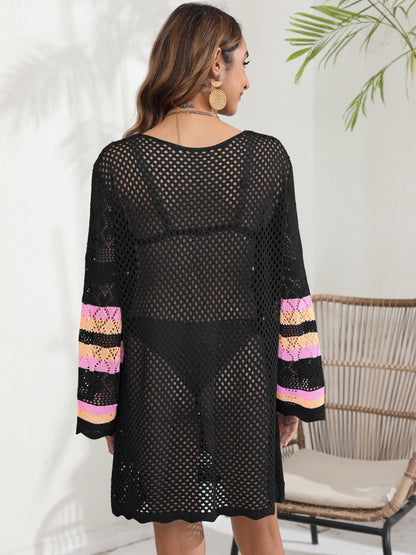 Openwork Contrast Long Sleeve Cover-Up-Jewearrings