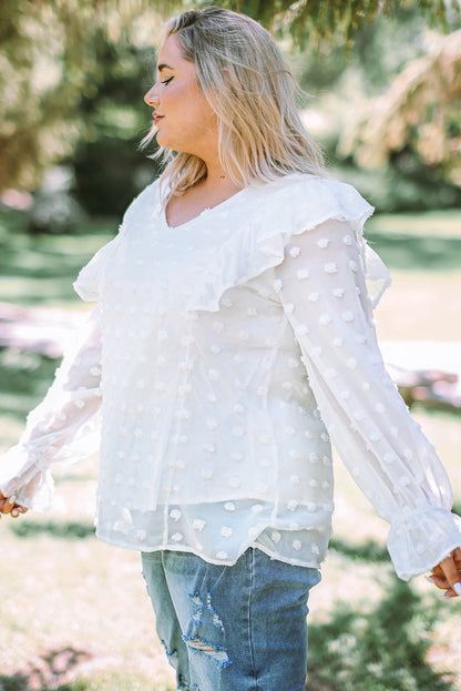 Plus Size Swiss Dot Ruffled Blouse-Jewearrings