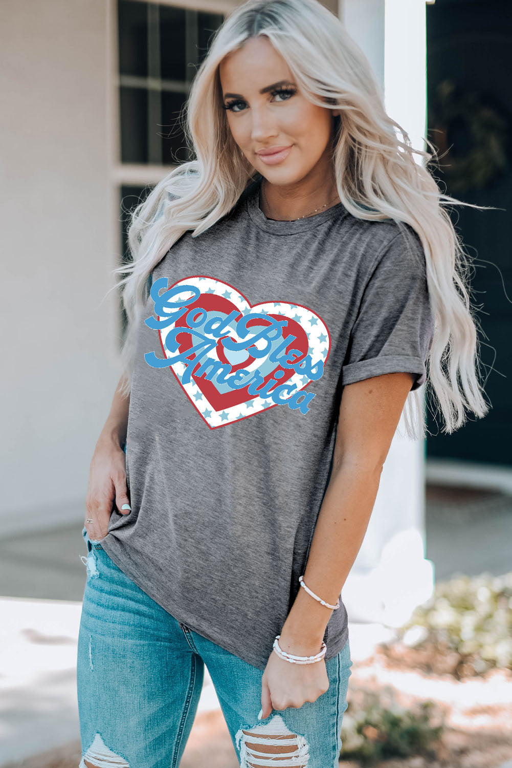 GOD BLESS AMERICA Heart Graphic T-Shirt-Jewearrings