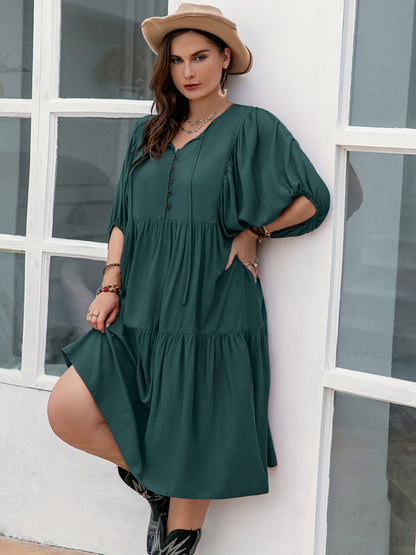 Plus Size Tie Neck Balloon Sleeve Midi Dress-Jewearrings