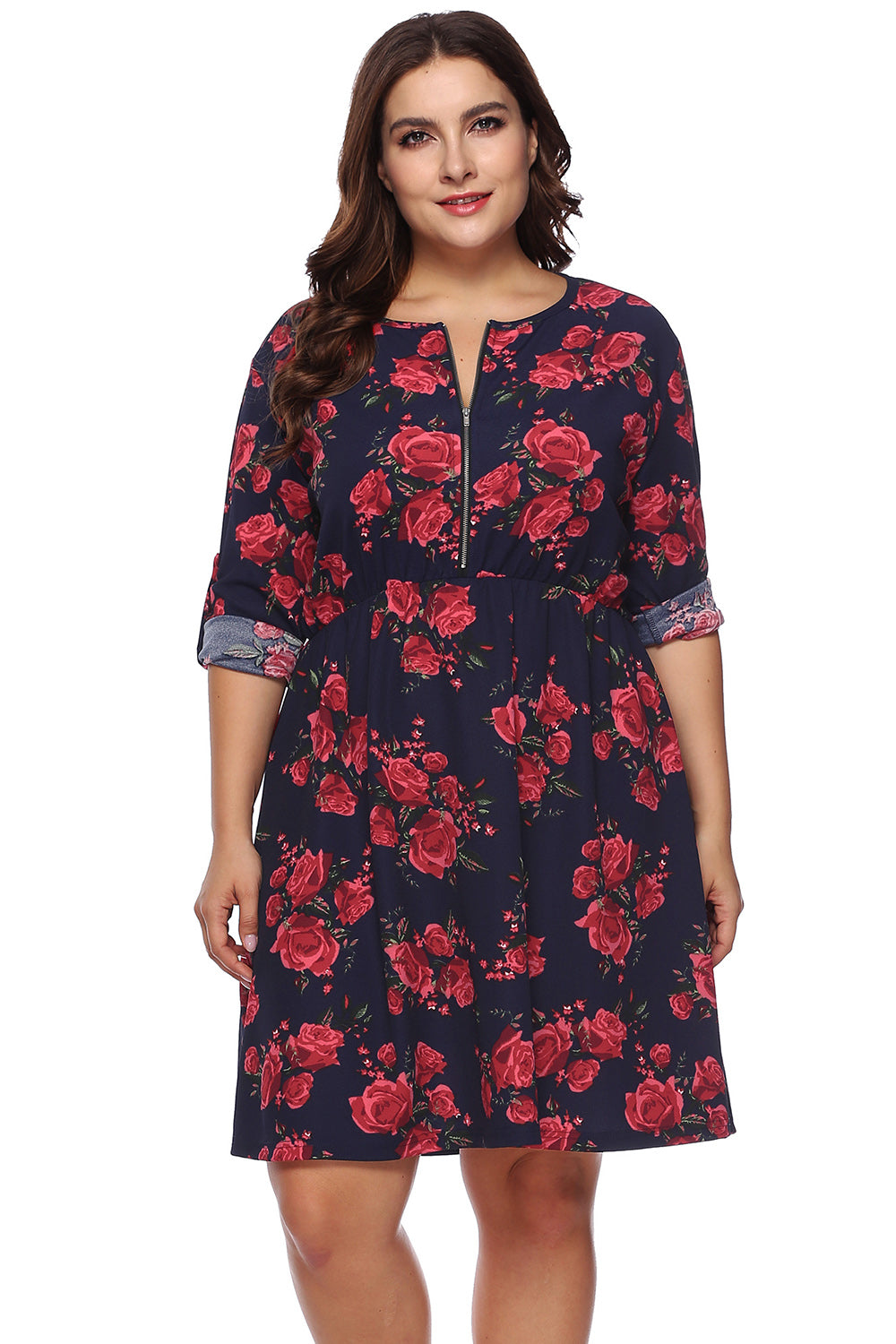 Plus Size Floral Print Half Zip Up Dress-Jewearrings