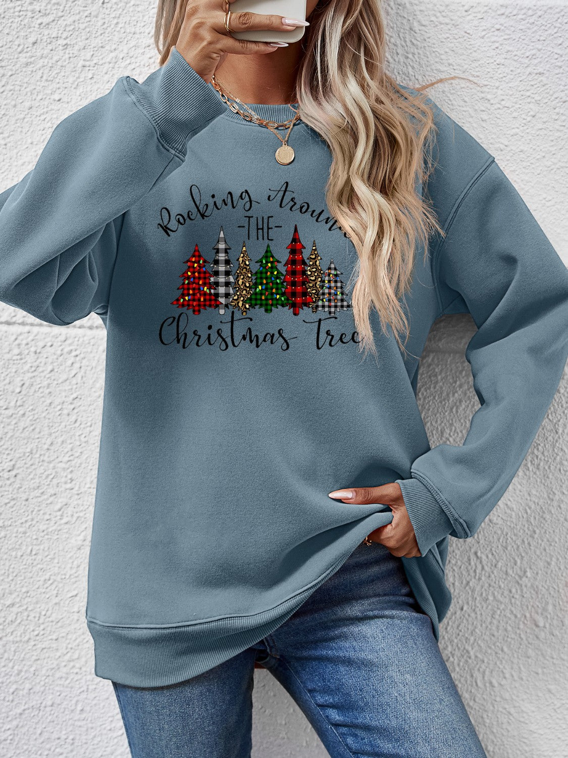 Christmas Tree Graphic Round Neck Sweatshirt-Jewearrings