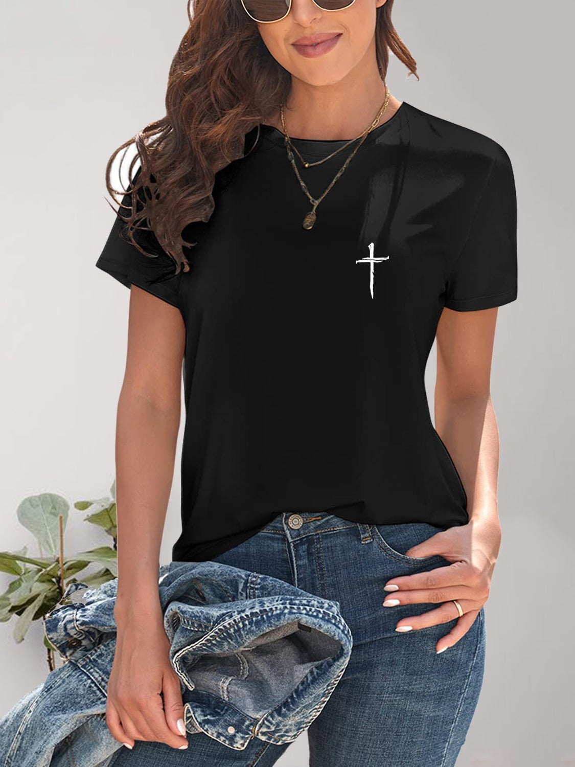 Cross Graphic Round Neck T-Shirt-Jewearrings