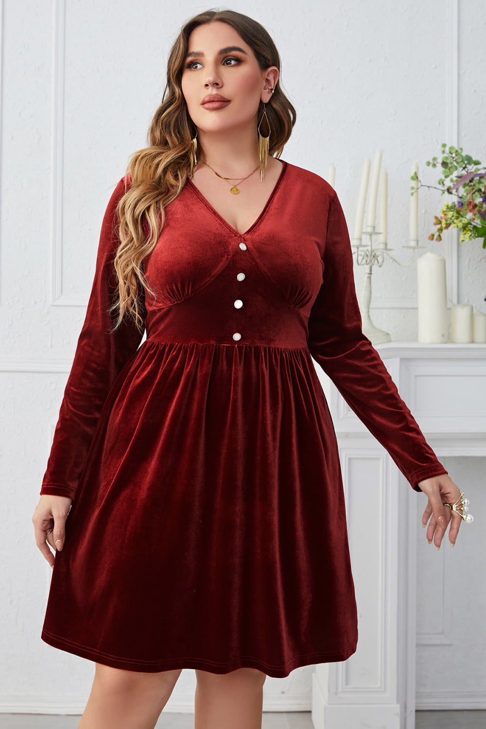 Melo Apparel Plus Size V-Neck Decorative Button Knee Length Dress-Jewearrings