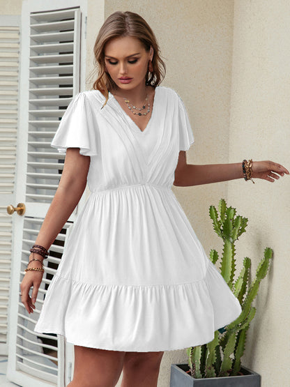 Plus Size Ruffle Hem V-Neck Short Sleeve Dress-Jewearrings