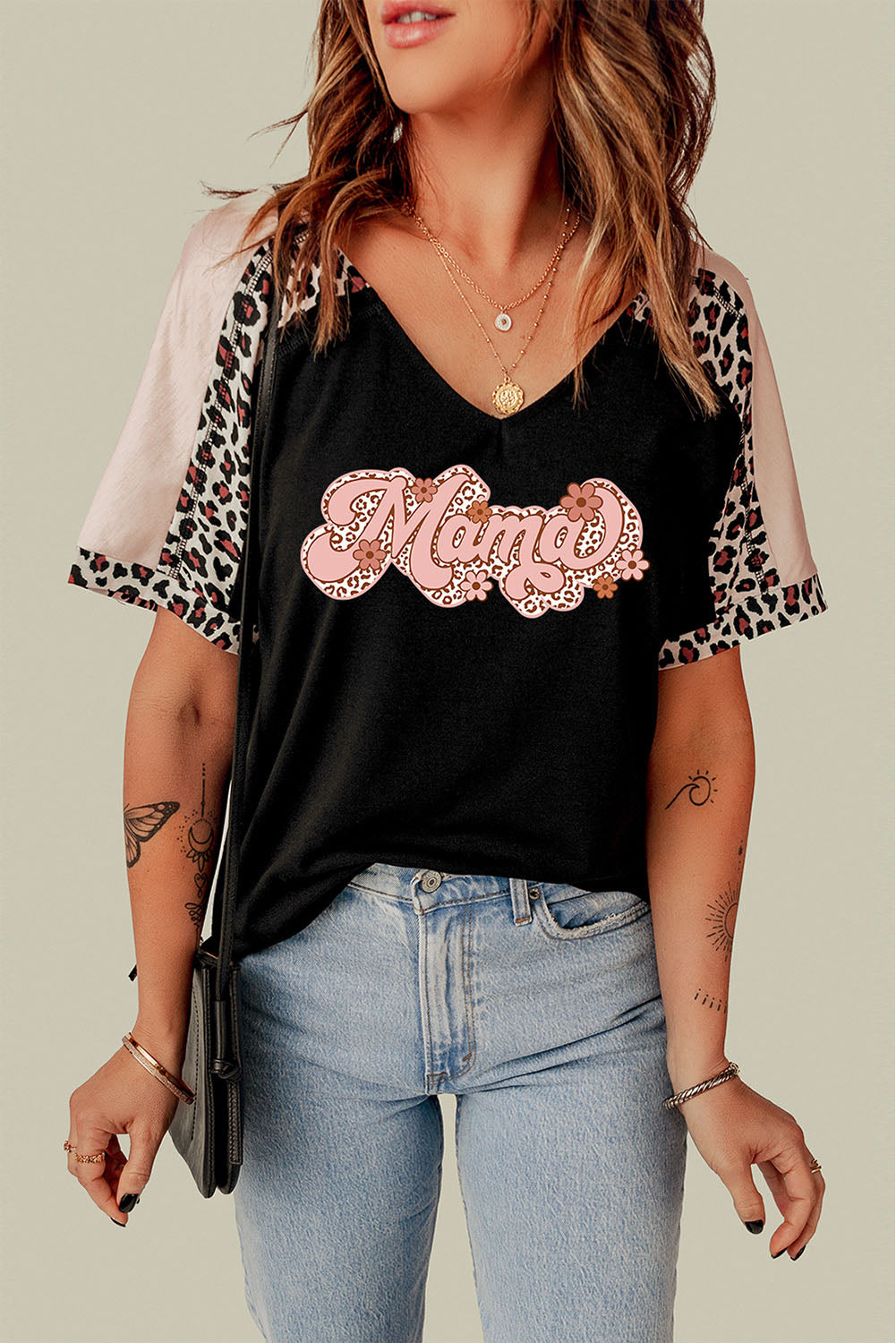 MAMA Graphic Leopard V-Neck Tee Shirt-Jewearrings