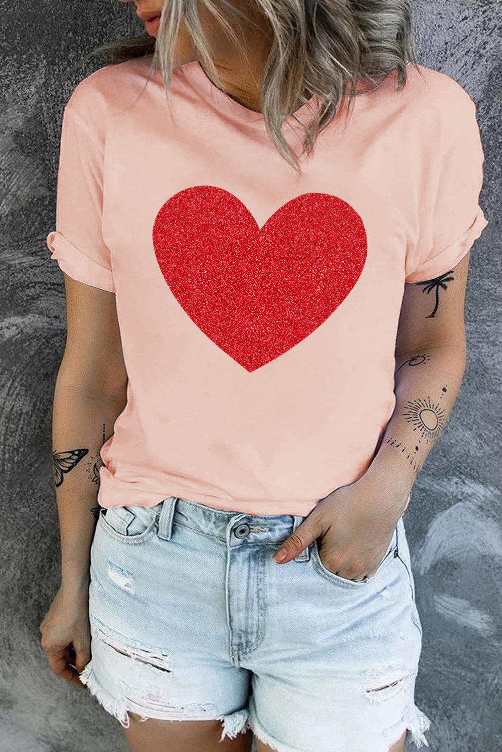 Glitter Heart Graphic T-Shirt-Jewearrings