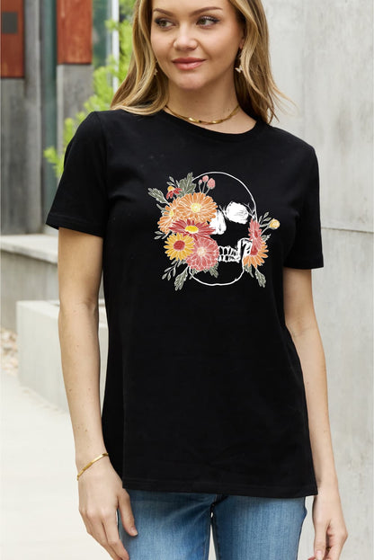 Simply Love Full Size Flower Skull Graphic Cotton Tee-Jewearrings