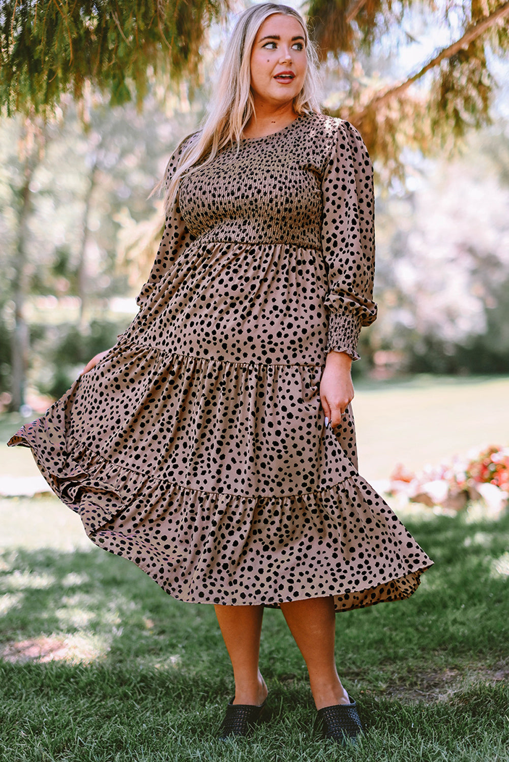 Plus Size Animal Print Smocked Tiered Dress-Jewearrings