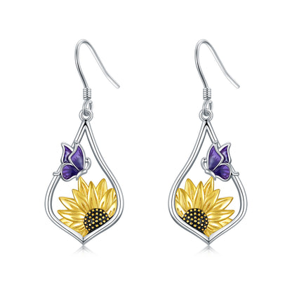 Sterling Silver Sunflower Dangle Earrings with Purple Butterfly Gift for Women-Jewearrings