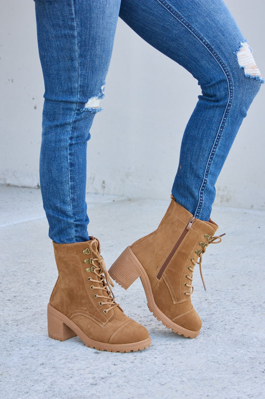 Forever Link Lace-Up Zipper Detail Block Heel Boots-Jewearrings