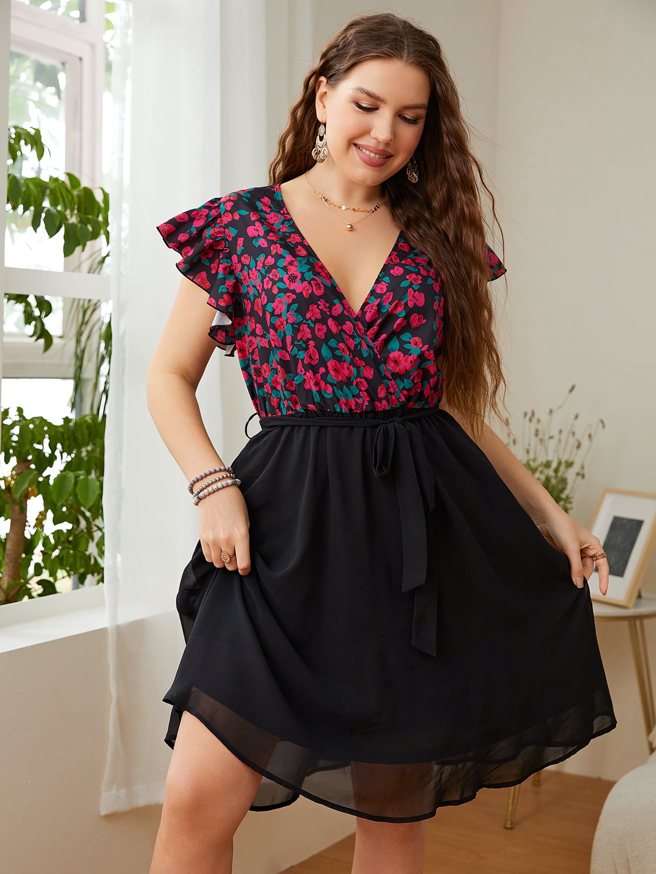 Plus Size Floral Surplice Neck Flutter Sleeve Dress-Jewearrings