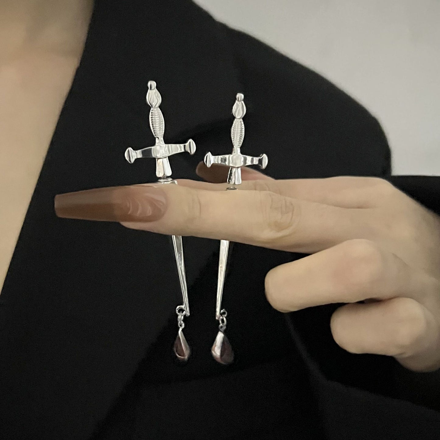 Nail Small Punk Personality Cross Ruby Personality Long Earrings-Jewearrings