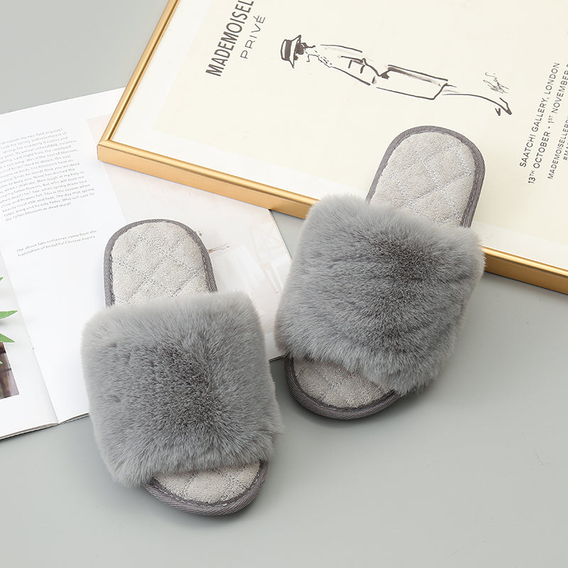 Faux Fur Open Toe Slippers-Jewearrings